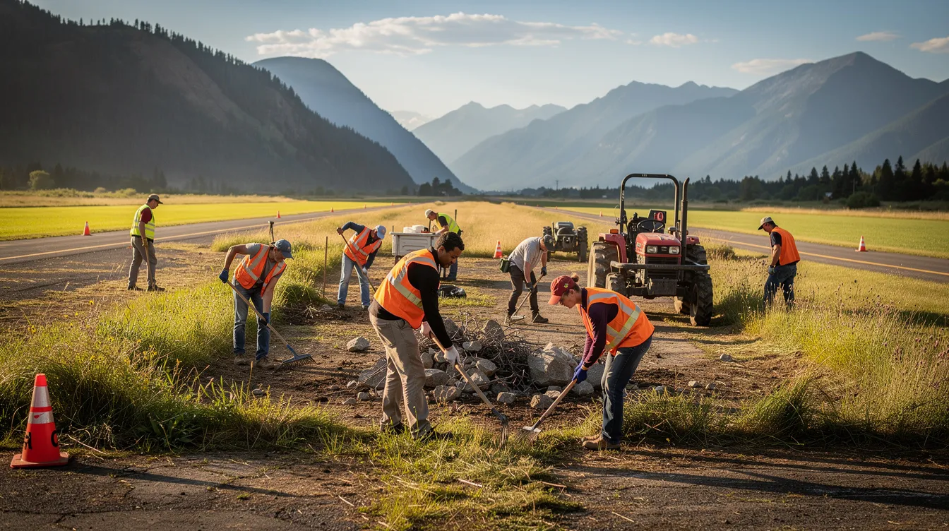A group of dedicated volunteers from the Recreational Aviation Foundation work together to clear a rural grass airstrip, surrounded by picturesque mountains, as part of their mission to preserve existing airstrips and protect public recreational opportunities in the backcountry. Their unified effort highlights the importance of maintaining access for aviators and promoting recreational aviation in Montana.