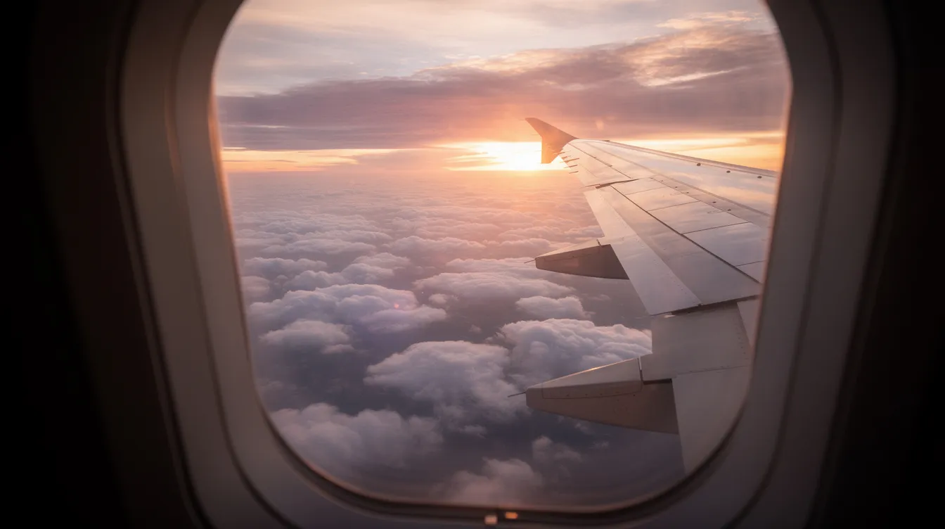 The image captures a breathtaking view from an airplane window, showcasing fluffy clouds illuminated by the warm hues of a sunset, with the airplane wing elegantly framing the scene. This picturesque moment highlights the beauty of air travel, whether you're flying Delta or another airline, as you soar above the landscape during your journey.