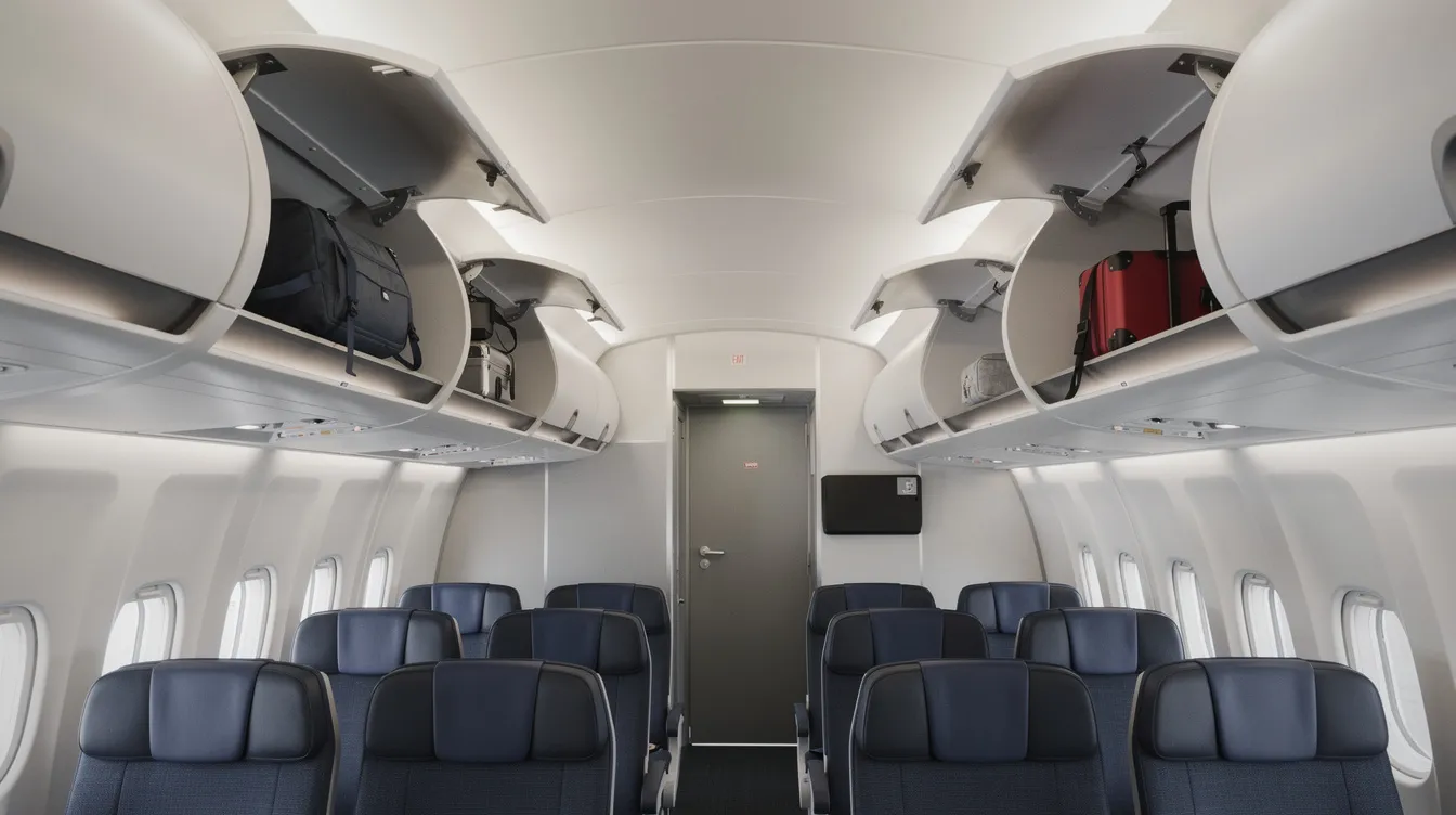 The image shows the compact overhead luggage bins inside the main cabin of a regional aircraft, specifically the Embraer ERJ 145, with the bins open, revealing space-saving retractable panels designed for passenger transport. This layout accommodates carry-on luggage while enhancing cabin comfort for travelers on high-demand regional routes.