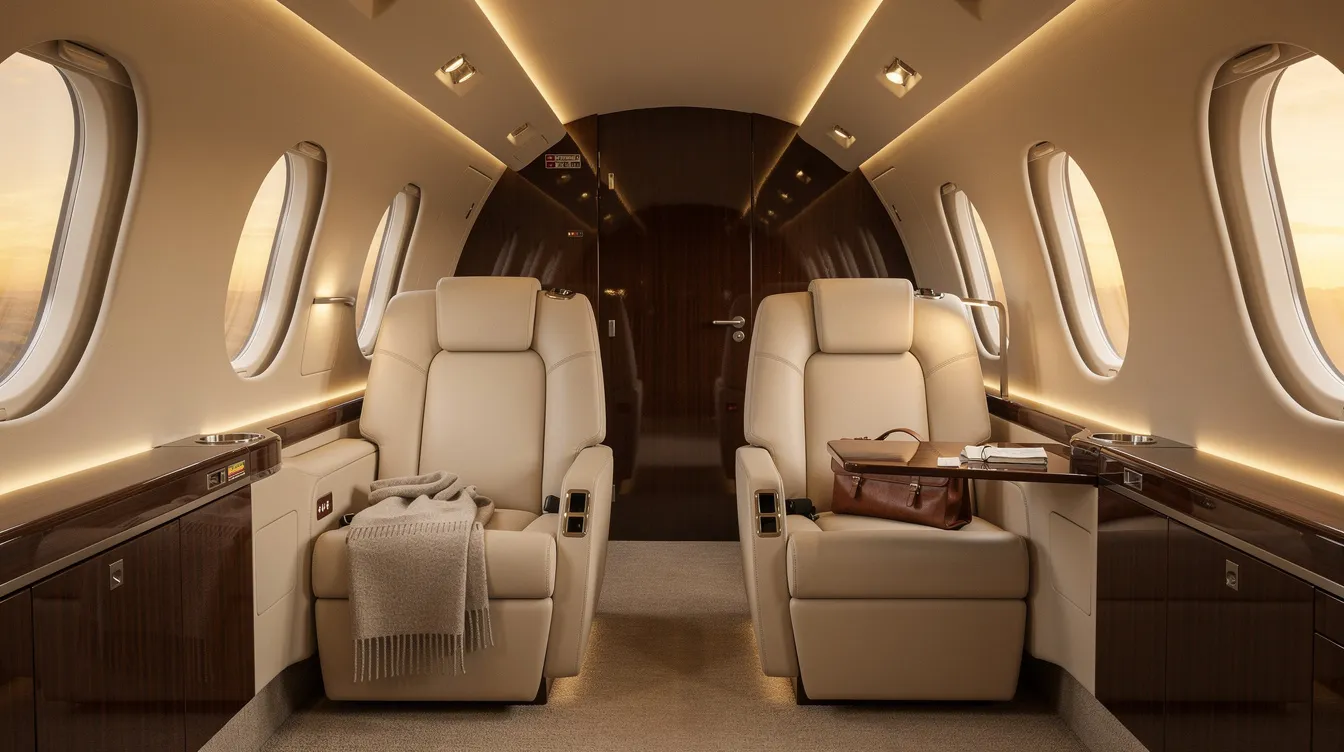 The image depicts the interior of a small private jet, featuring cream leather passenger seats arranged in a spacious cabin layout, complemented by warm ambient lighting. The design enhances cabin comfort, making it ideal for passenger transport on high-demand regional routes.