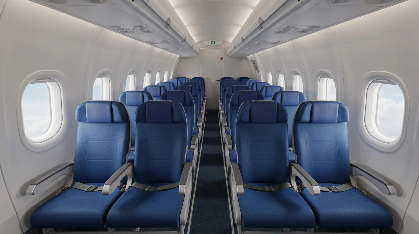 The image depicts the economy class cabin of an Embraer ERJ 145 regional jet, featuring rows of blue fabric passenger seats with a compact layout, small oval windows, and overhead stowage compartments. This design accommodates fewer passengers, enhancing cabin comfort for travelers on high demand regional routes.
