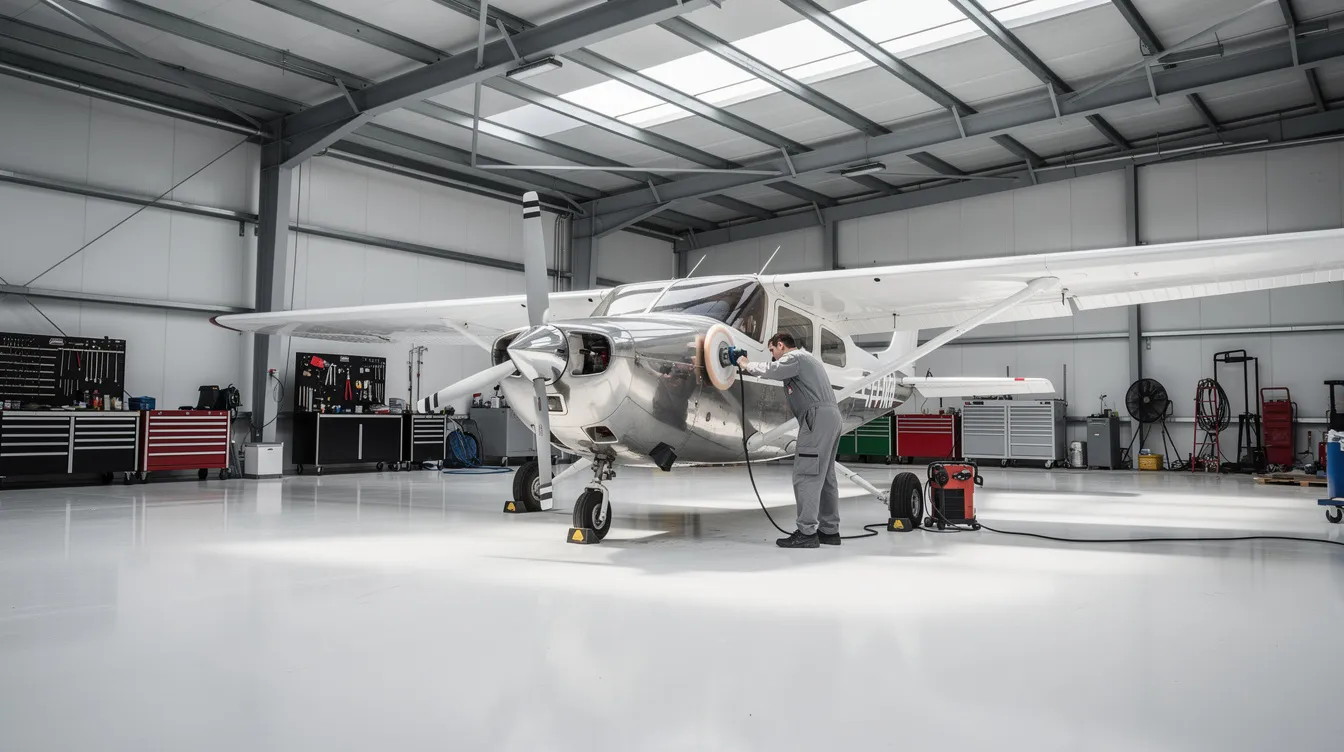 A small aircraft is being meticulously polished and detailed inside a clean, modern hangar, showcasing its sleek design and shiny exterior. The environment emphasizes the care taken in aircraft ownership, highlighting the importance of proper maintenance and preparation for a potential sale or transfer of ownership.