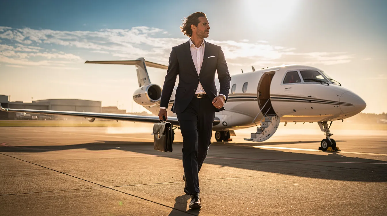 A confident business professional strides toward a waiting private jet on a sunlit tarmac, symbolizing the smooth transfer of aircraft ownership and the exciting buying process of a new airplane. The scene captures the essence of luxury travel and the meticulous details involved in aircraft registration and inspections.