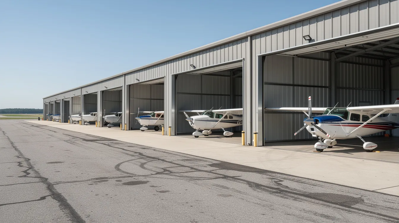 The image shows a row of T-hangars at a small regional airport, with their doors open revealing several single-engine aircraft inside, highlighting the storage costs and ownership aspects that aircraft owners need to consider. This scene reflects the operational environment for private aviation, where pilots can manage their maintenance and variable operational costs.