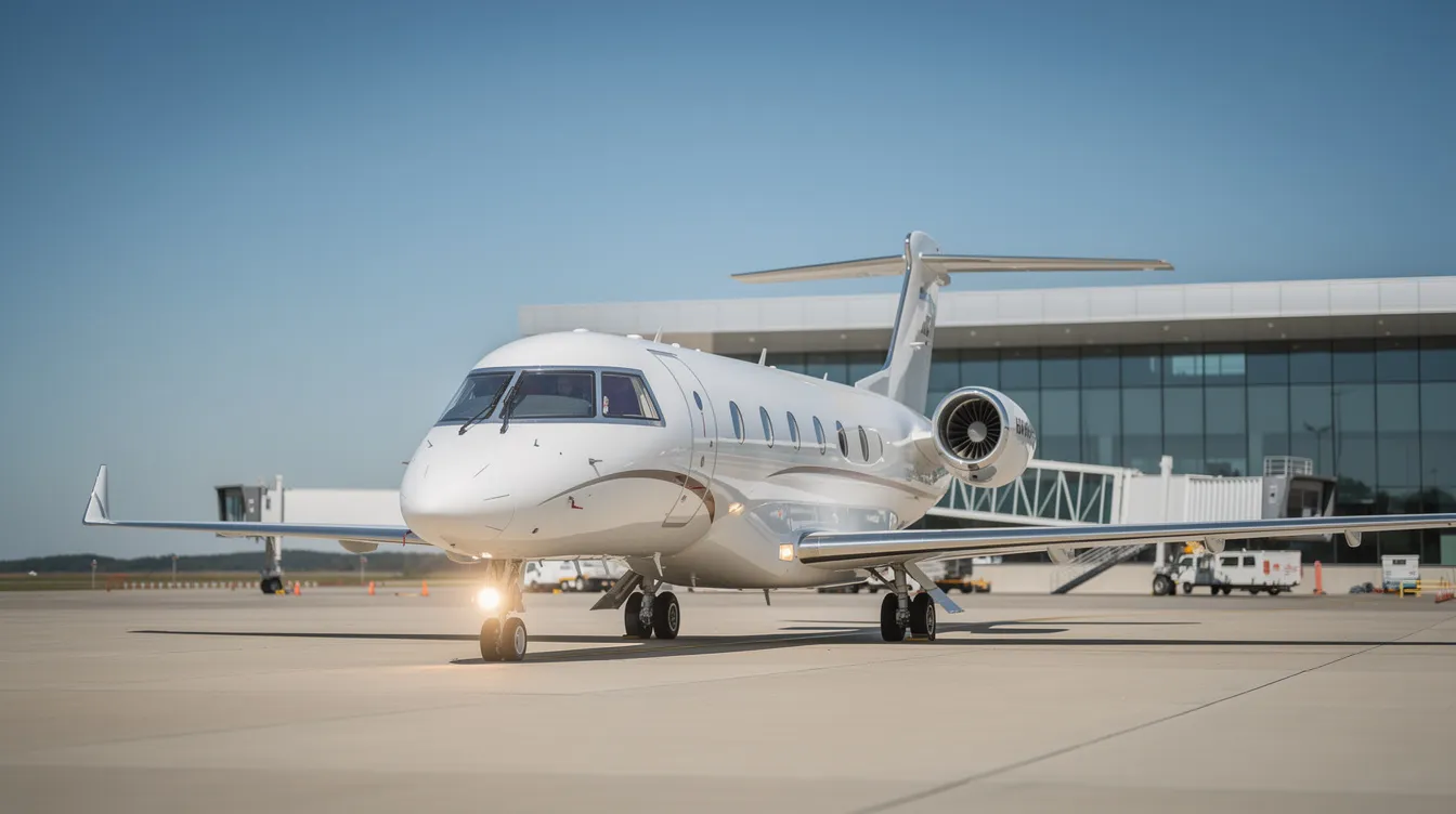 A sleek light jet is taxiing on a runway, with a clear blue sky above and a modern terminal building in the background. This scene highlights the world of private aviation, where aircraft ownership involves various costs such as maintenance, fuel, and insurance premiums.