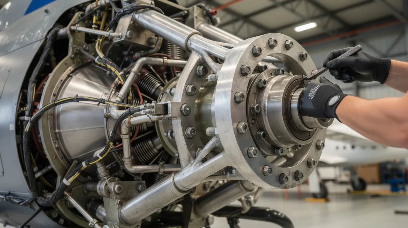 The image shows a close-up view of a helicopter engine and rotor hub assembly undergoing routine maintenance, highlighting the intricate systems involved in helicopter operation. This essential maintenance ensures safety and efficiency for helicopter pilots during flight training and commercial operations.