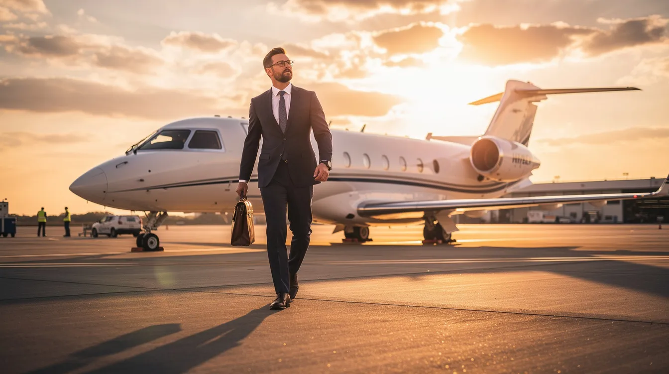 A business executive confidently walks across a tarmac towards a private jet, silhouetted against a vibrant sunset. The scene captures the essence of luxury travel and aviation, hinting at the complexities of aircraft ownership, including costs and maintenance associated with private flights.