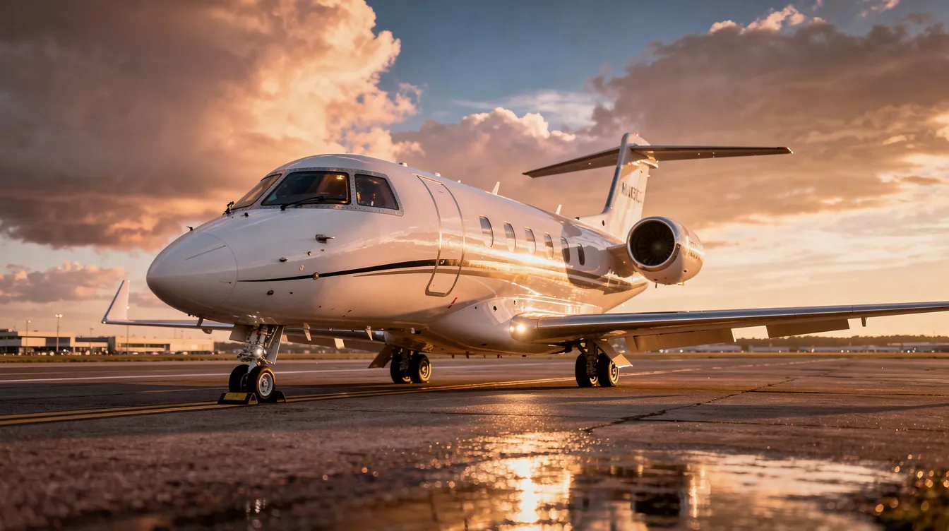 A sleek private jet sits on the runway during golden hour, with a dramatic sky creating a stunning backdrop and heat shimmer rising from the tarmac. The aircraft, reminiscent of the advanced technology found in Boeing commercial airplanes, showcases the elegance and efficiency of modern aviation.