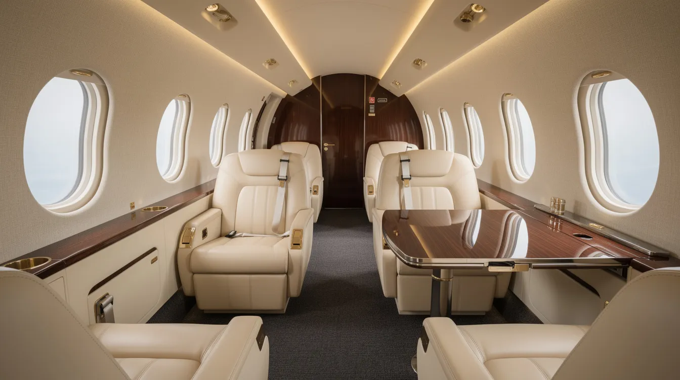 The image depicts a luxurious private jet cabin featuring cream leather club seats arranged to face each other, complemented by soft ambient lighting and a polished wood table in between. This elegant interior design enhances the comfort and experience for airline customers, reminiscent of the sophisticated environments found in commercial aviation, such as the Boeing 737 Max series.