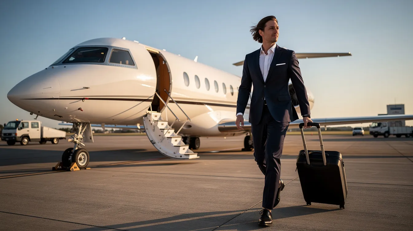 A well-dressed executive confidently walks toward a sleek Boeing 737 Max 9 private jet on the tarmac of a private aviation terminal, where the aircraft's door is open and the stairs are extended for boarding. The scene captures the essence of luxury and efficiency in commercial aviation, showcasing the aircraft's modern design and advanced technology.