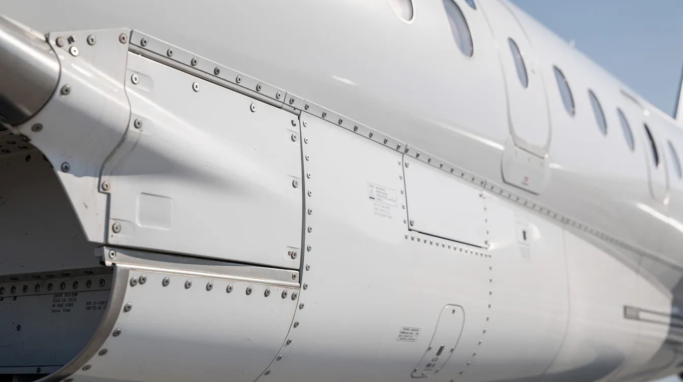 The image depicts a close-up view of a Boeing commercial airplane fuselage, showcasing its smooth metal skin and riveted panels, particularly around the wing root area. This detailed exterior highlights the advanced technology and aerodynamic improvements typical of the Boeing 737 Max series, which is designed for higher passenger capacity and operating efficiency.