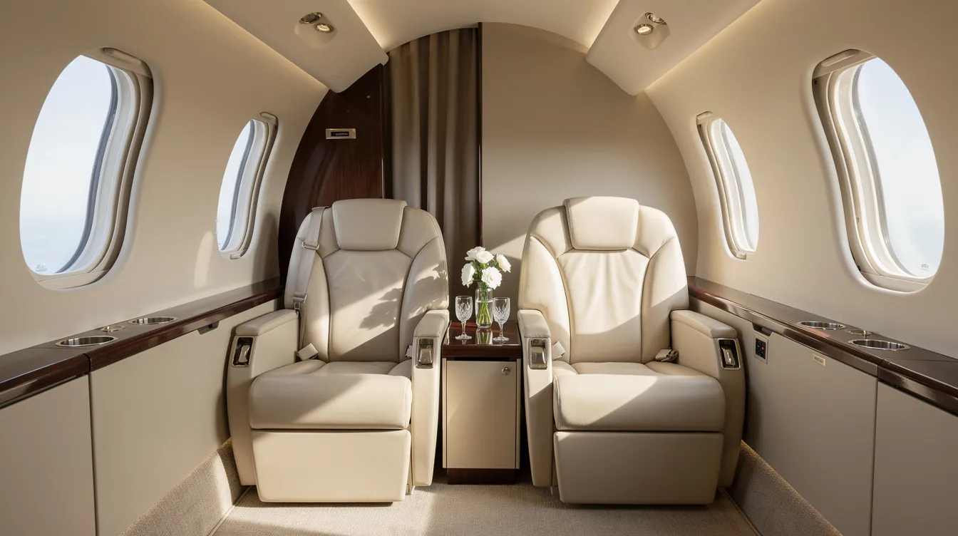 The image depicts the interior of a small private jet cabin, featuring cream leather club seats arranged to face each other, allowing for a comfortable passenger experience. Natural light streams in through oval windows, enhancing the luxurious atmosphere typical of the Embraer Phenom 300, a popular choice in the light jet category for private aviation.