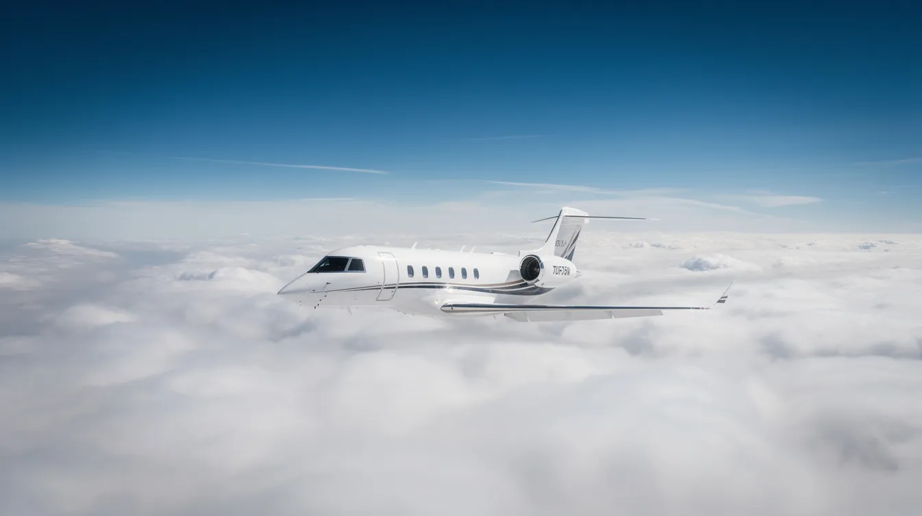 A private jet, specifically an Embraer Phenom 300, soars gracefully above a thick layer of clouds, with a vibrant blue sky visible above. This light jet, known for its generous baggage capacity and comfortable interior, is ideal for private travel, accommodating up to nine passengers with a luxurious experience.