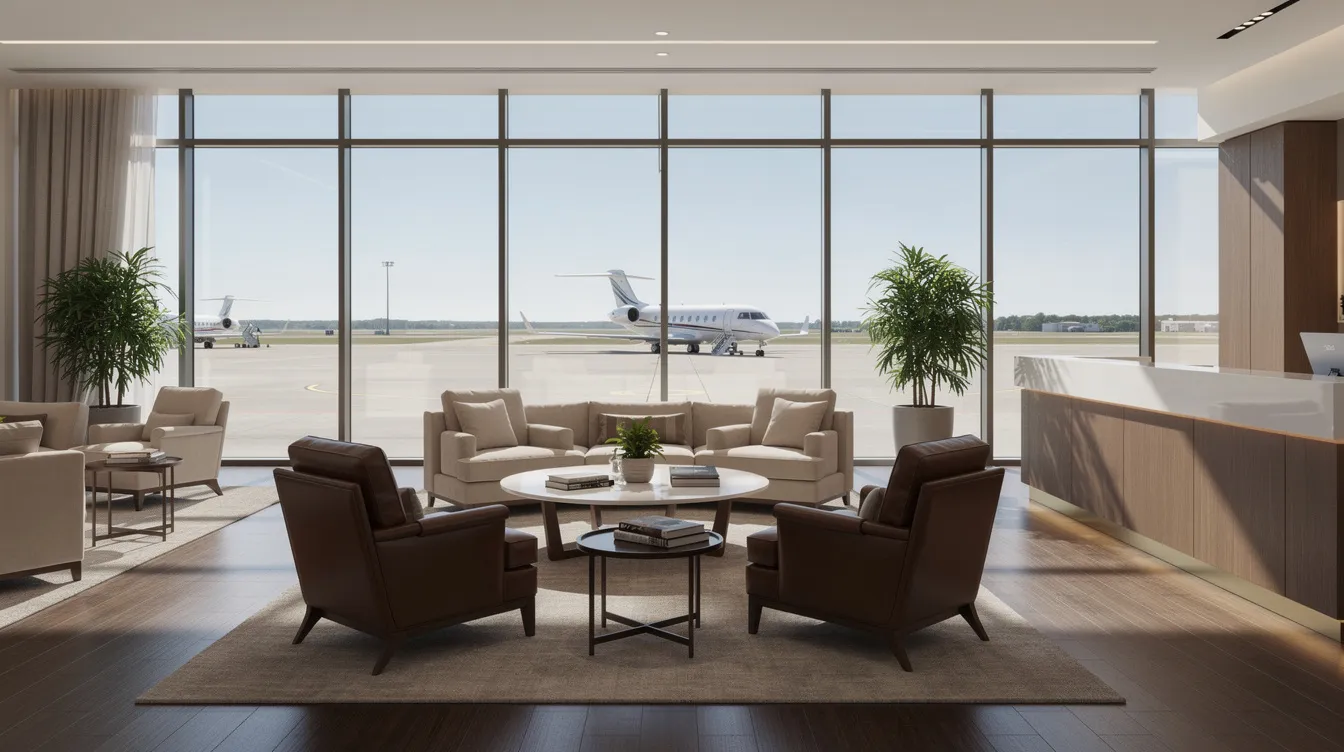 The image depicts a luxurious private aviation FBO lounge featuring floor-to-ceiling windows that provide a stunning view of the runway. This serene space is designed for frequent flyers, offering amenities that enhance the travel experience, such as comfortable seating and a tranquil atmosphere for relaxation before flights.