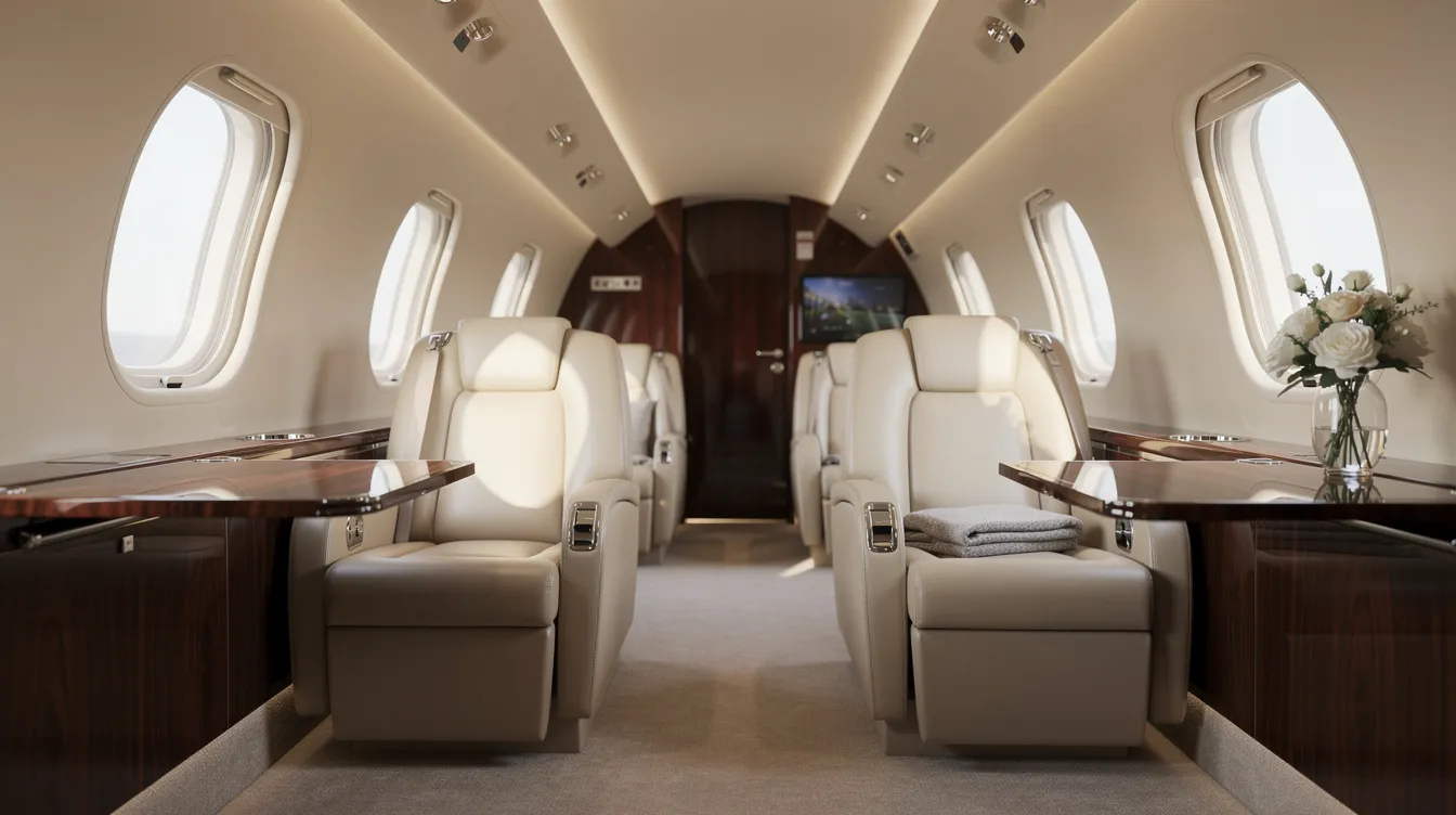 The image shows the interior of a luxurious private jet cabin, featuring plush leather seats and ample natural light streaming through large windows, creating an inviting atmosphere for travelers. This elegant space is perfect for those seeking elite status benefits and predictable travel costs through flight subscriptions.