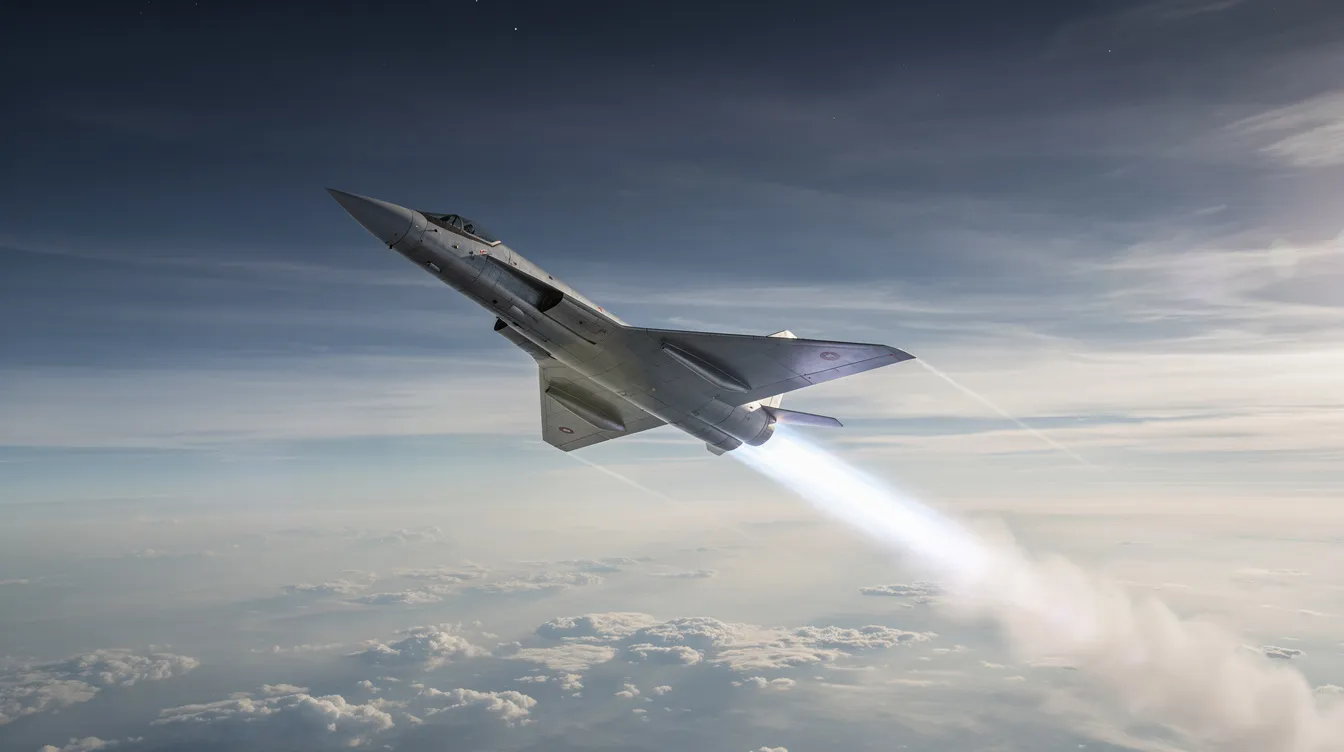 A rocket-powered aircraft, reminiscent of the SR-71 Blackbird, is climbing steeply through the atmosphere, with a bright exhaust plume trailing behind it. The plane showcases its powerful engines as it accelerates to high speeds and high altitudes, embodying the cutting-edge technology of air force missions.