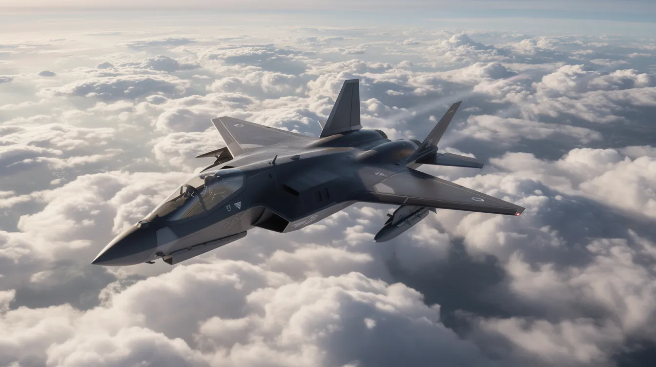 A sleek military reconnaissance jet, the SR-71 Blackbird, soars high above a dense layer of clouds, with sunlight glinting off its dark fuselage. This aircraft is known for its high altitude and high speeds, making it a remarkable feat of engineering in the air force's operational history.