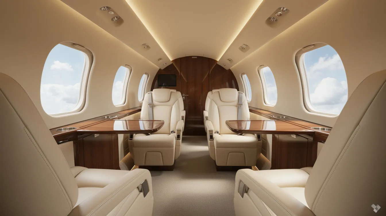 The image depicts the interior of a modern private jet cabin featuring cream leather seats and elegant wood accents, with large oval windows showcasing fluffy clouds outside. This luxurious setting emphasizes high altitude travel, reminiscent of aircraft like the SR-71 Blackbird, designed for speed and performance.