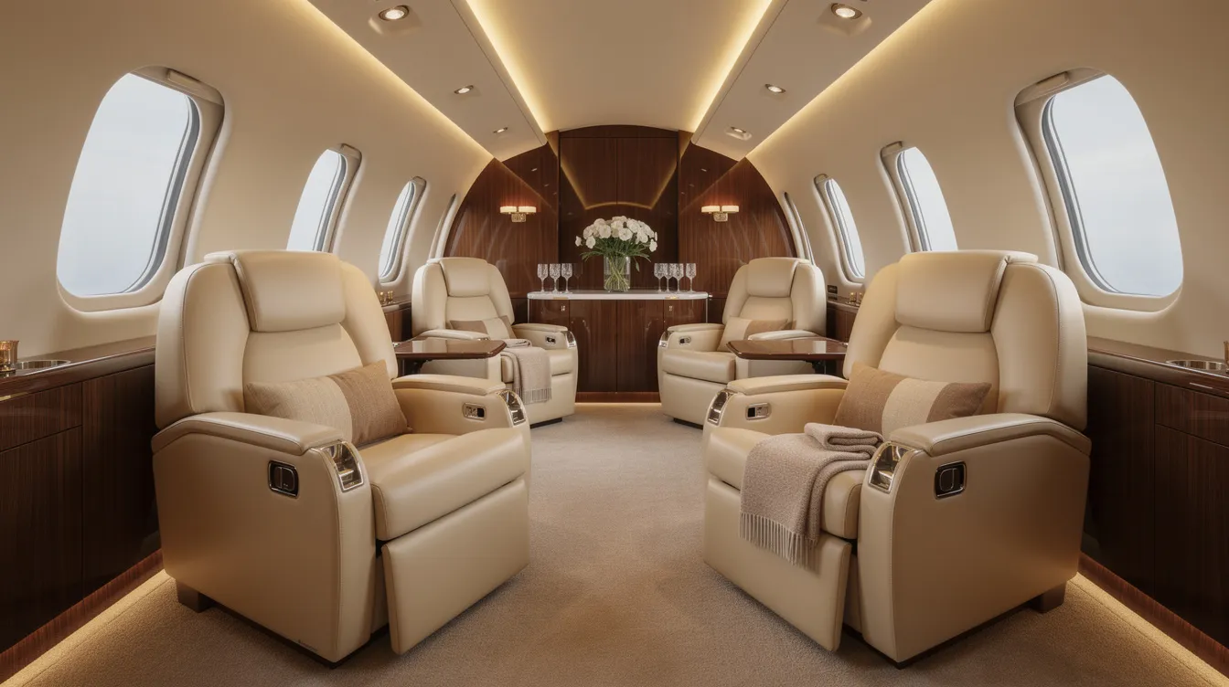 The image depicts the interior of a luxurious midsize private jet cabin, featuring plush leather seats and elegant ambient lighting, designed for comfort and style. This sophisticated environment highlights the benefits of shared ownership and fractional ownership options for aircraft enthusiasts looking to enjoy the advantages of private flying.