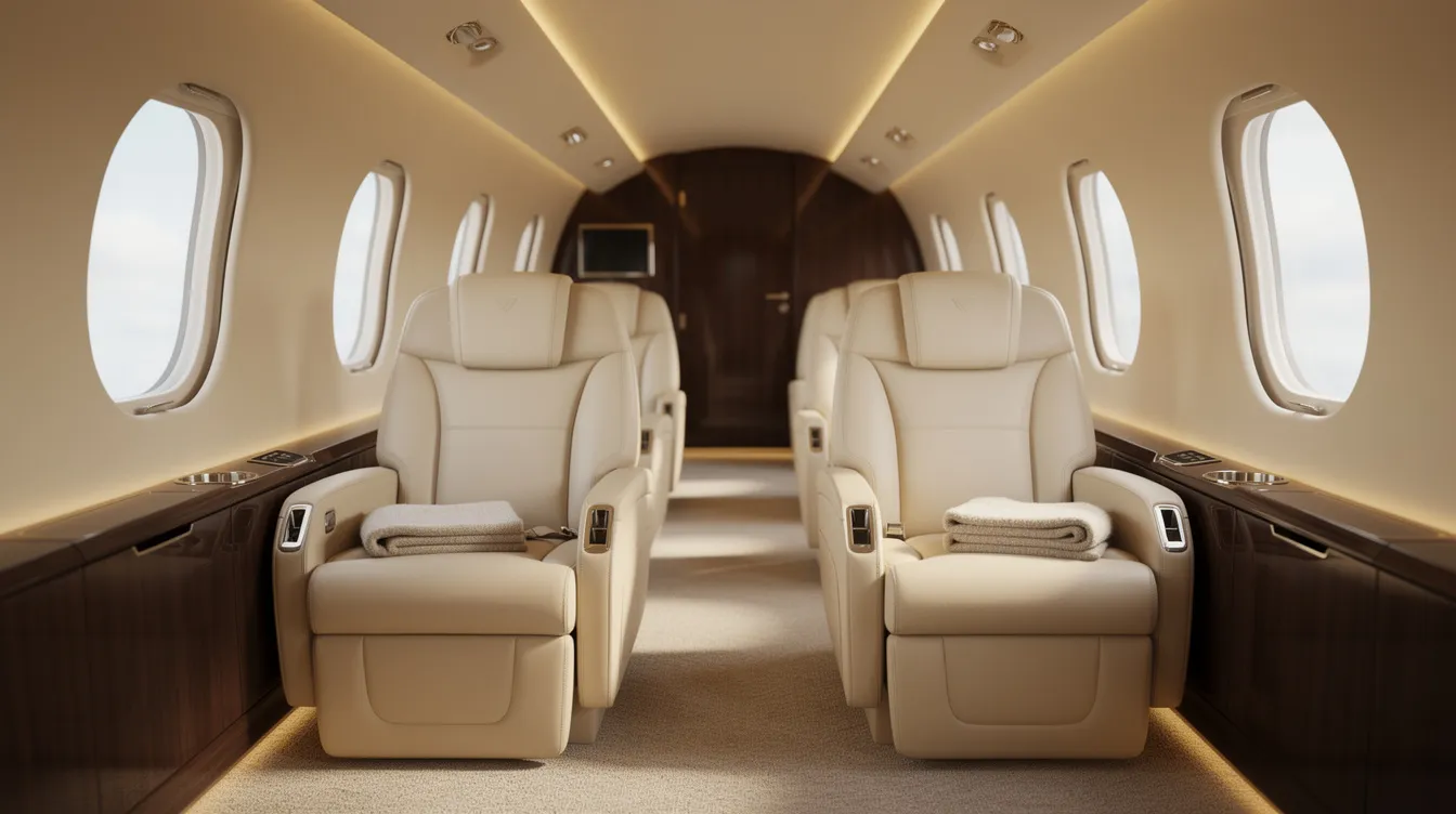 The image depicts the interior of a luxurious private jet cabin featuring cream leather seats, ambient lighting, and large oval windows, creating a spacious and inviting atmosphere for passengers. This elegant design is characteristic of the Embraer Phenom 300E, a best-selling light jet known for its performance and comfort in private aviation.