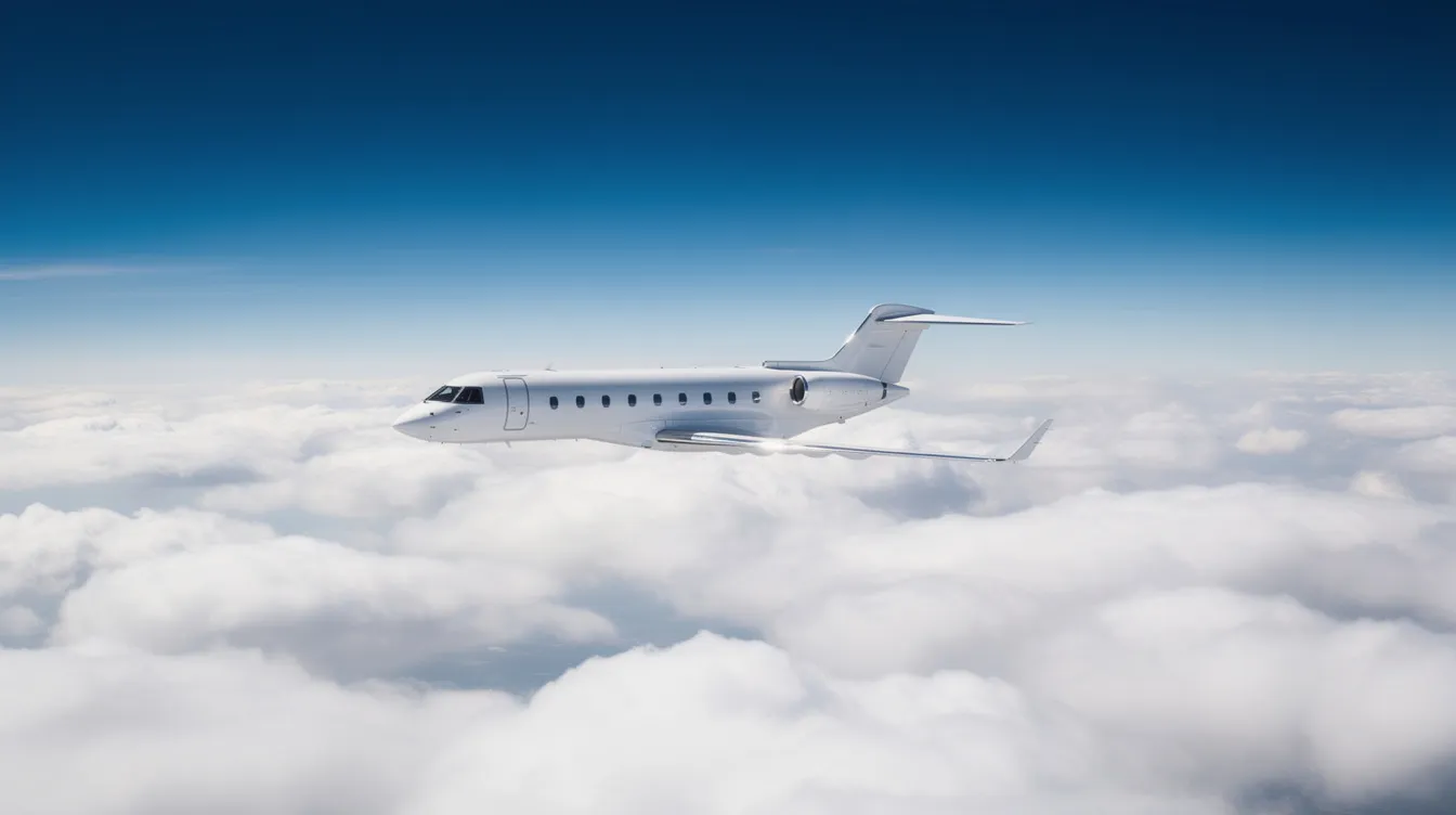 A private jet, specifically the Embraer Phenom 300E, soars above a blanket of white clouds under a clear blue sky, showcasing its sleek design and capabilities in private aviation. This light jet is known for its spacious cabin and high-speed cruise performance, making it a popular choice for business travelers.