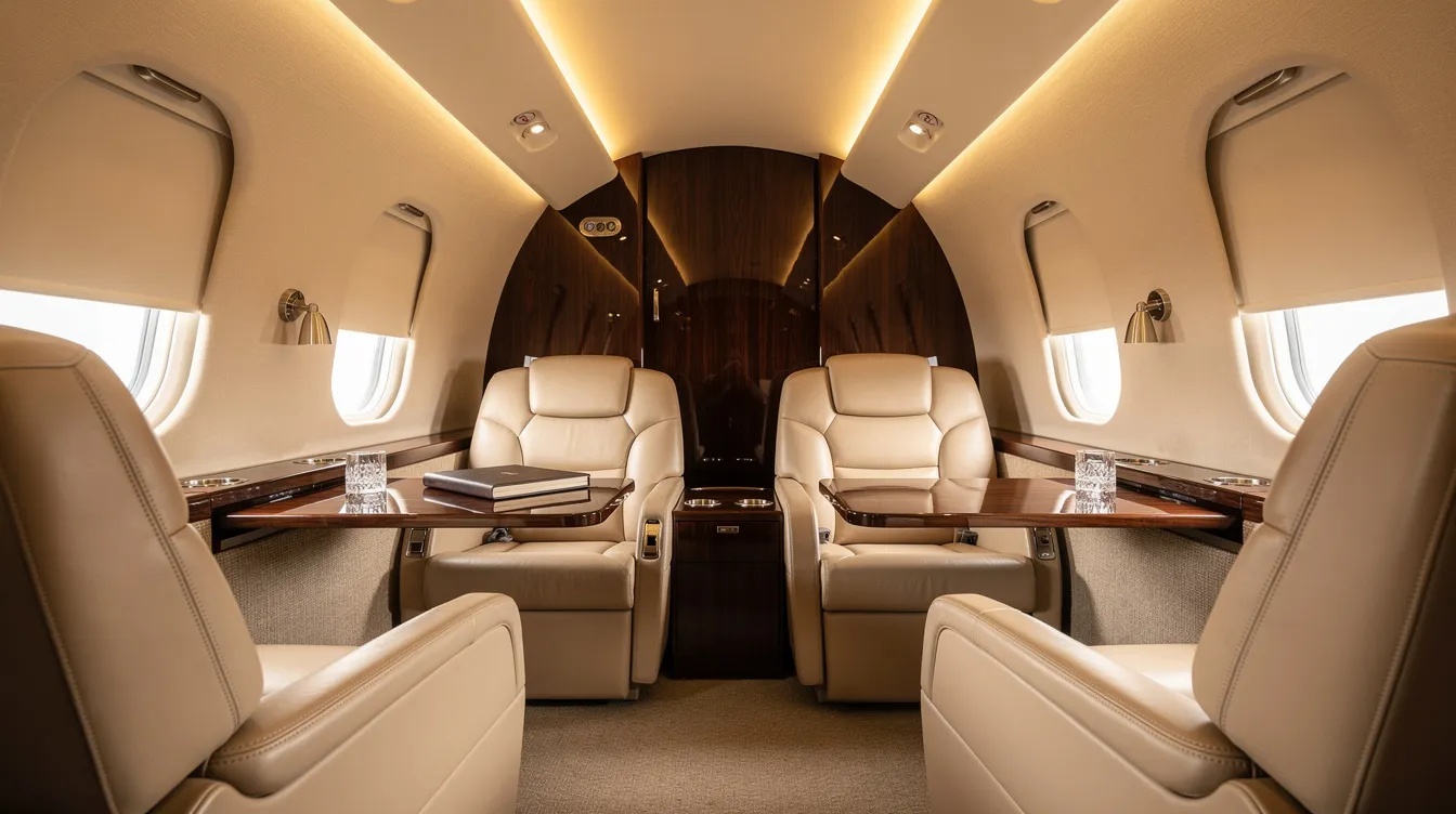 The image showcases the luxurious interior of a private jet cabin, featuring cream leather club seats and warm LED lighting that creates an inviting atmosphere. This elegant space emphasizes comfort and style, making it ideal for flying in comfort and sophistication.