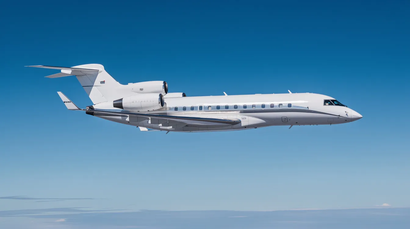A sleek tri-engine business jet is captured in a side profile as it soars through a clear blue sky, showcasing the elegance of aviation. This stunning image highlights the aircraft's design and the freedom of flying high above the ground.