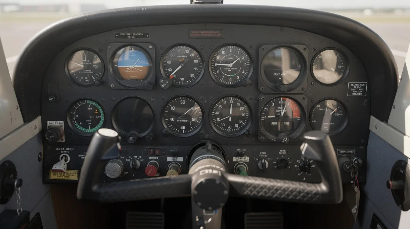 The image features a close-up view of a small aircraft's analog instrument panel, showcasing various flight gauges, a yoke, and controls, which are essential for pilot training in flight schools and flying clubs. This Cessna 150 model, known for its low operating costs and great time builder capabilities, is a popular choice among aviation enthusiasts and students in Western Australia.