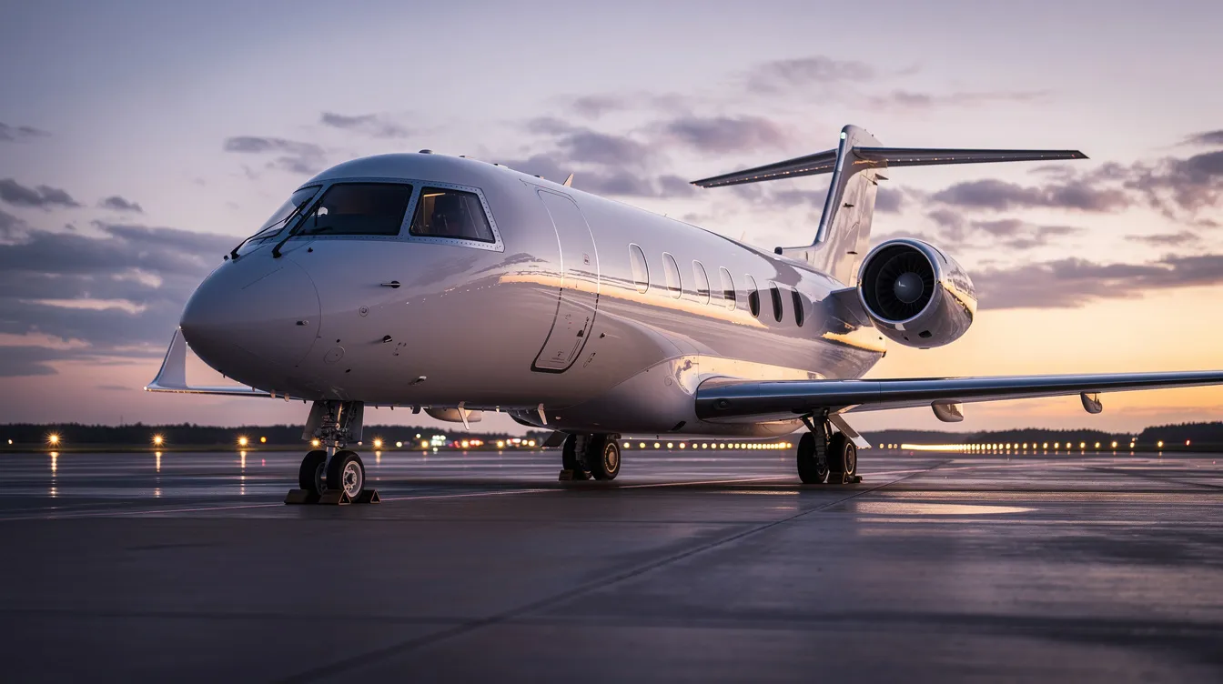 A sleek private jet is parked on a tarmac at dusk, with runway lights glowing softly in the background, creating a serene atmosphere ideal for aviation enthusiasts. This aircraft, perfect for flight training or as a time builder, showcases its elegant design and is ready for its next adventure in general aviation.