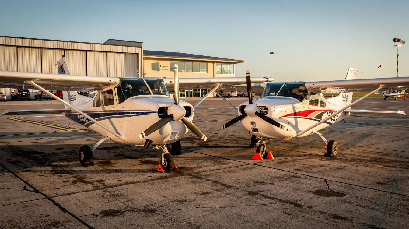 Two Cessna 150 single-engine propeller aircraft are parked side by side on a concrete airport ramp under a clear blue sky, showcasing their fixed landing gear and simple systems. These great time builder airplanes are perfect for flight training and flying clubs, appealing to pilots and students interested in general aviation in Western Australia.