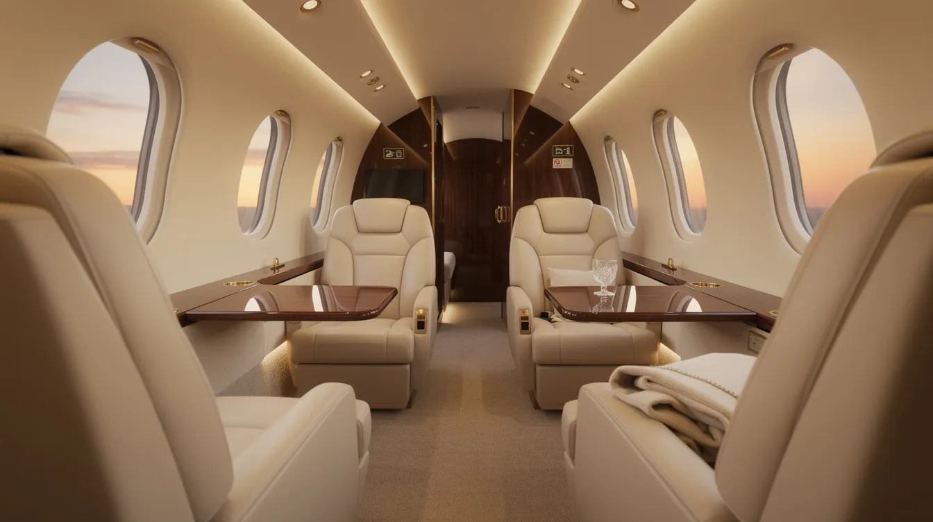 The image depicts a luxurious midsize jet interior featuring cream leather club seats arranged for twelve passengers, polished wood worktables, and soft ambient lighting that creates an inviting atmosphere. The aircraft's design emphasizes comfort and elegance, suitable for both personal and business flights.