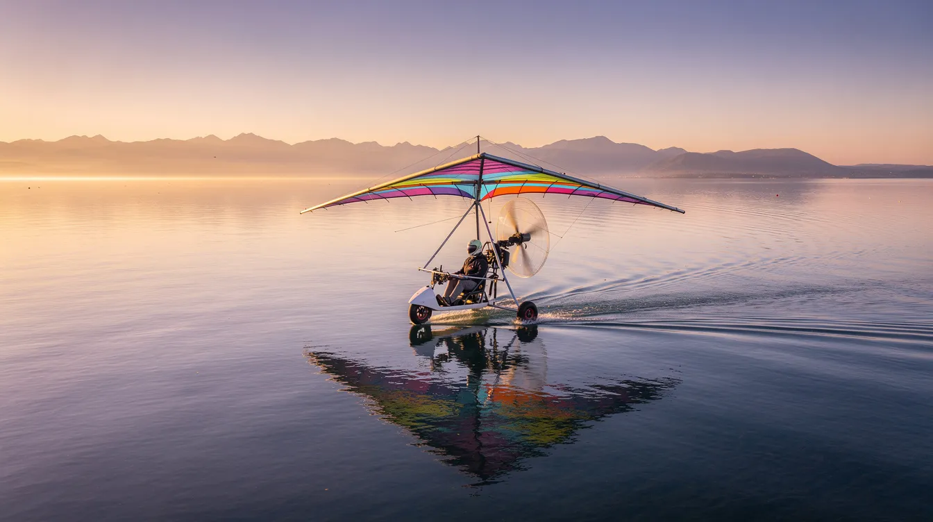 A weight-shift control trike ultralight aircraft gracefully flies over calm open water at sunset, with majestic mountains in the background. The serene scene captures the essence of ultralight flying, showcasing the beauty of recreational aviation in a tranquil setting.