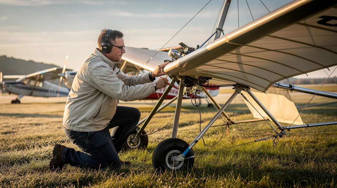 A pilot is inspecting the wing fabric and control cables of a parked ultralight aircraft on a grassy airstrip, ensuring its airworthiness for safe recreational flying. The scene captures the dedication of ultralight pilots to maintaining their light sport aircraft before flight.