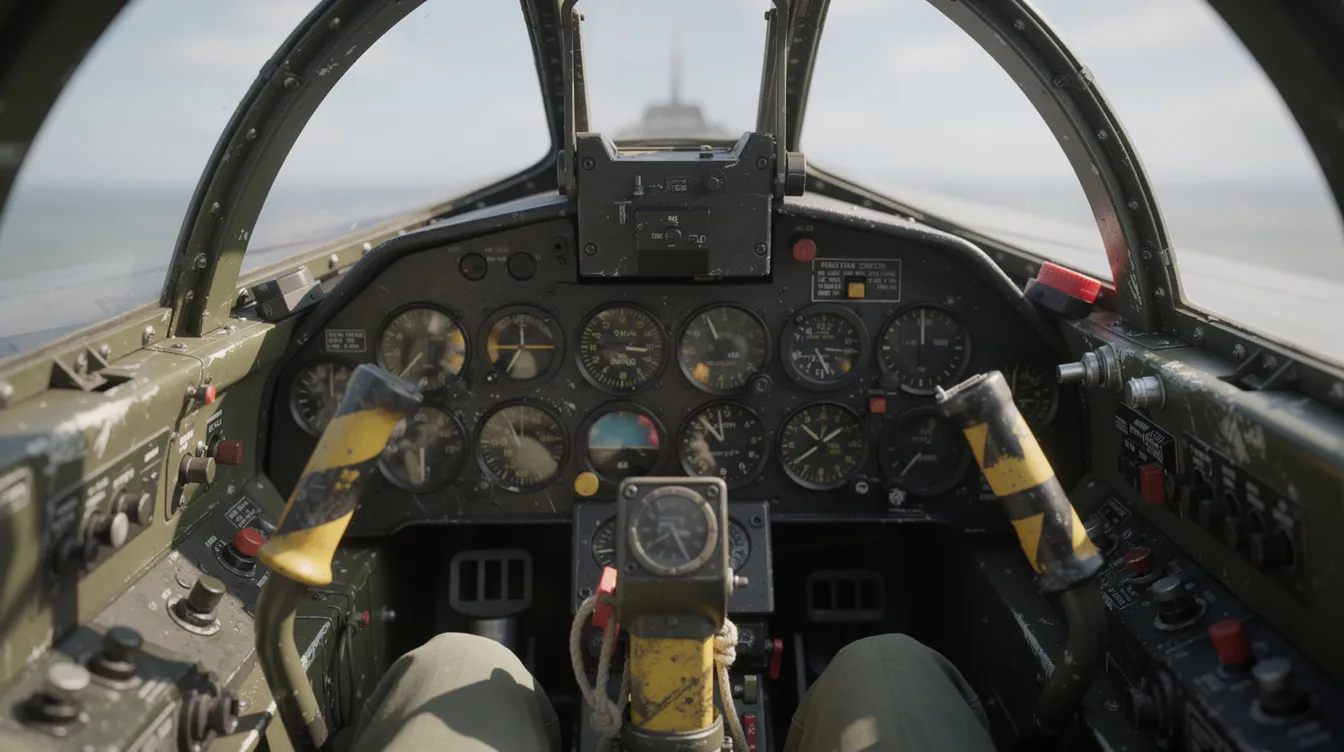 The image shows a close-up view of a vintage military jet cockpit, featuring analog gauges, ejection seat handles, and a narrow canopy, reflecting the historical significance of retired military aircraft. This cockpit design highlights the technology and systems used in high-performance aircraft, appealing to aviation enthusiasts and those interested in military operations.