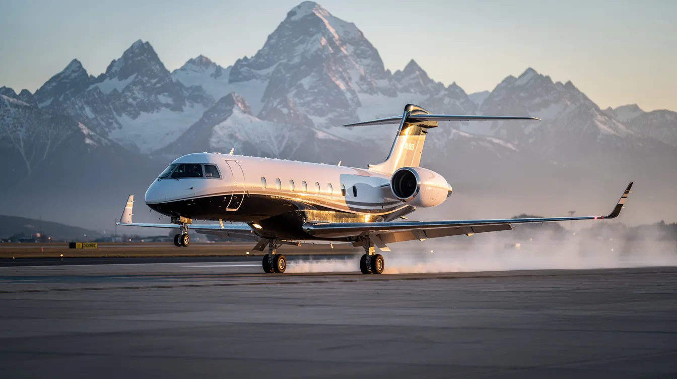 A sleek modern private business jet is landing on a runway, with stunning snow-capped mountains visible in the background, showcasing the beauty of business aviation amidst a picturesque landscape. This high-performance aircraft represents the luxury and efficiency of modern travel, appealing to aviation enthusiasts and those interested in the world of aircraft.