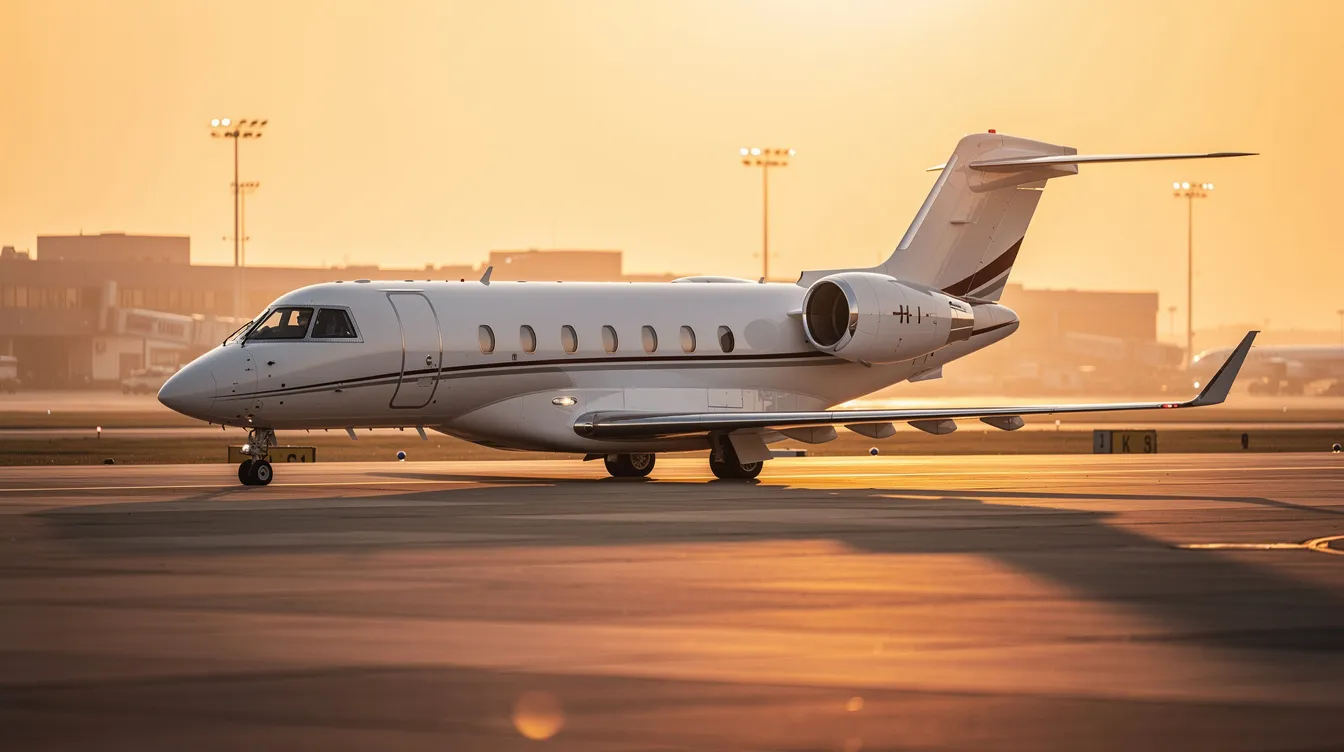 A sleek modern private jet is taxiing on a runway during golden hour, showcasing advanced technology and design that highlight the evolution of next-generation aircraft. The golden light enhances the jet's streamlined silhouette, emphasizing its role in the future of air travel and air dominance.