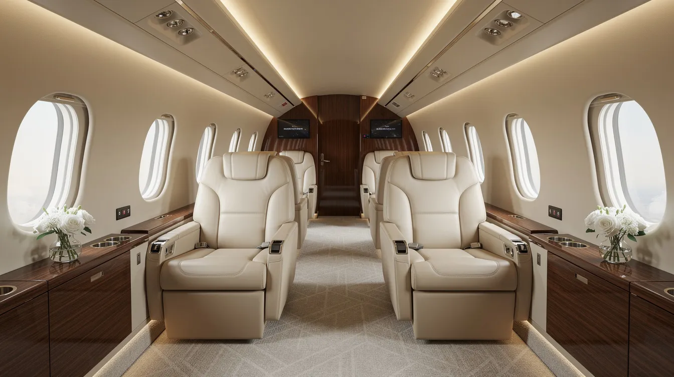 The image depicts the interior of a modern long-range business jet cabin, featuring wide leather seats and ambient lighting that creates a luxurious atmosphere. This next generation aircraft design emphasizes comfort and advanced technology, making it ideal for long-distance travel.