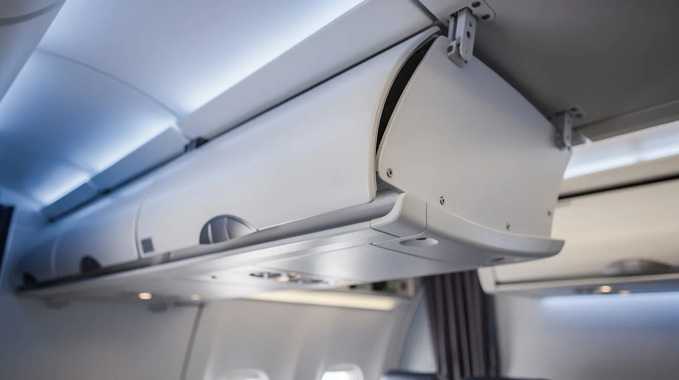 A close-up view of pivoting overhead bins inside a modern Boeing 737 passenger cabin, featuring soft blue LED lighting along the ceiling, which enhances the overall passenger experience. The sleek design reflects Boeing's commitment to aerodynamic efficiency and fuel economy, while providing ample cabin space for personal devices and luggage.