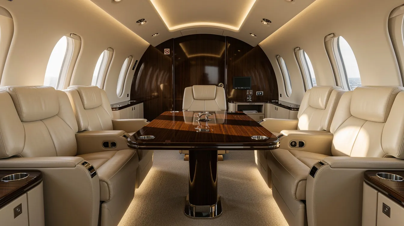 The image depicts a luxurious private jet cabin interior featuring cream leather lounge seating and a polished wood conference table, all illuminated by warm ambient lighting, creating an inviting atmosphere for passengers. This elegant space emphasizes comfort and style, ideal for a premium travel experience.