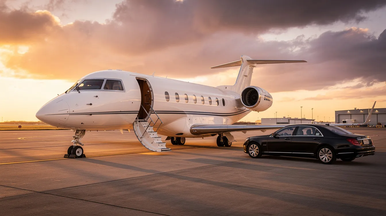 A private jet, parked on a tarmac at sunset, features extended boarding stairs and is accompanied by a sleek dark luxury sedan nearby. The scene captures the essence of luxury travel, highlighting the spacious cabin and modern design of the aircraft.