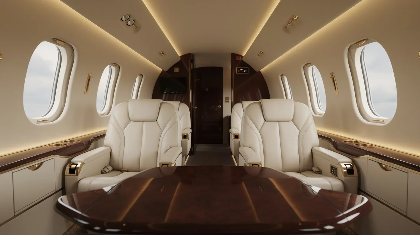 The image depicts the interior of a luxurious private jet cabin featuring plush leather seats, soft ambient lighting, and a sleek polished wood table, creating an atmosphere of elegance and comfort often associated with high-end travel. This setting contrasts with the advanced technology found in military aircraft like the F-35 Lightning II and Eurofighter Typhoon, which embody the pinnacle of modern fighter jets designed for air superiority and combat missions.