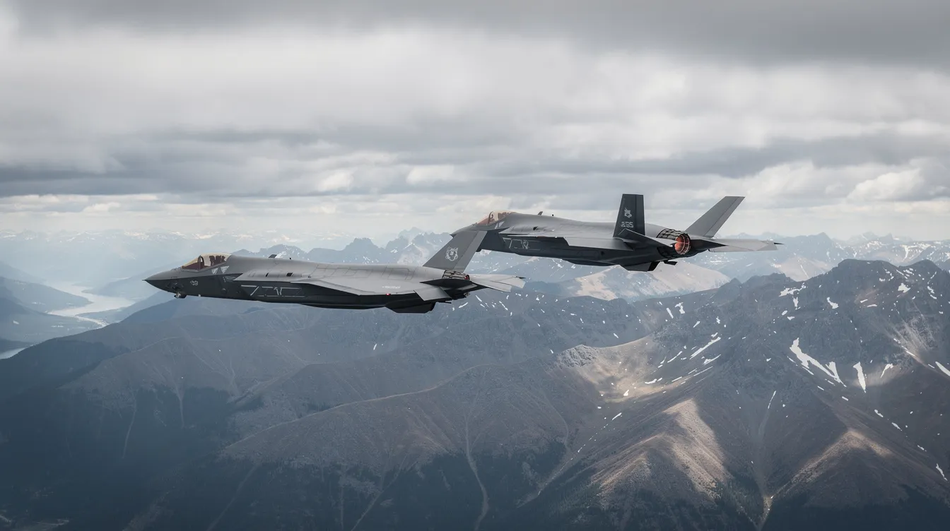 Two F-35 Lightning II fighter jets are flying in formation over rugged mountainous terrain under overcast skies, showcasing their advanced stealth technology and capabilities as part of the United States Air Force's air superiority strategy in modern air combat. These modern fighter jets exemplify the cutting-edge design and operational prowess of the best fighter jets in the world.