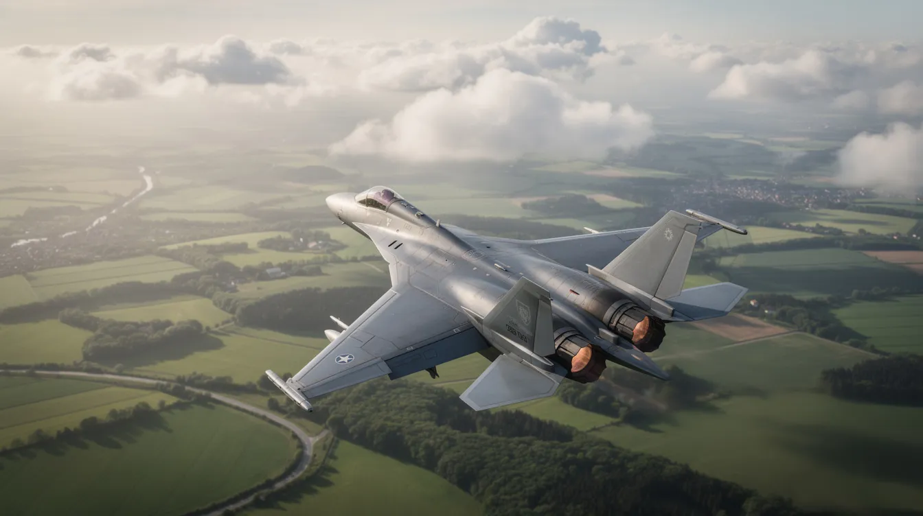 A twin-engine fighter jet, resembling the Eurofighter Typhoon, is banking sharply over a lush green European landscape, with fluffy clouds in the background, showcasing its agility and advanced aerodynamics typical of modern fighter jets. This scene highlights the capabilities of military aircraft in air combat and air superiority missions.