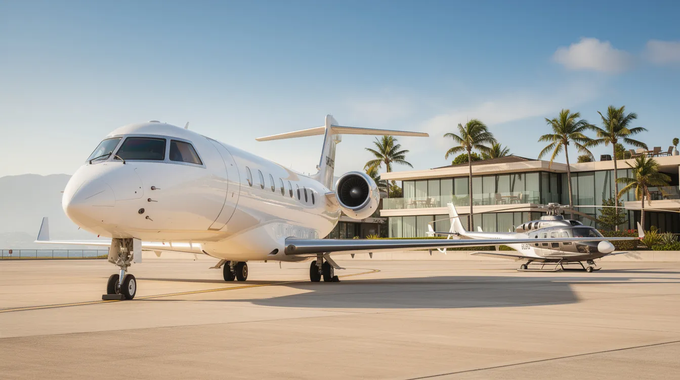 A sleek private jet is parked on the tarmac, with a small ultralight helicopter, possibly a Mosquito XE, visible in the background near a luxurious resort. The scene captures the essence of personal aviation and recreational flying, showcasing different aircraft types for enthusiasts and owners alike.