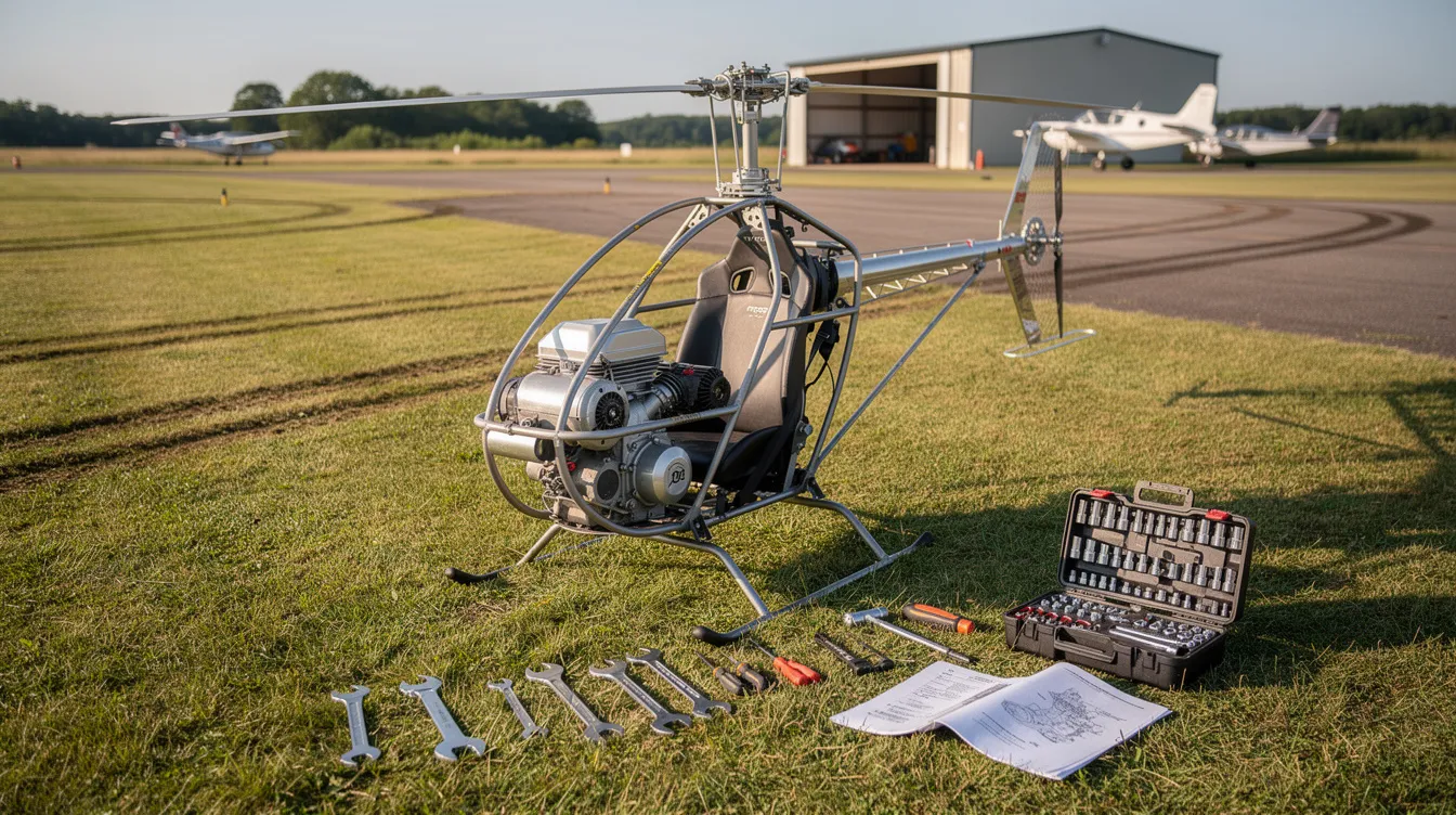 The image shows a lightweight helicopter kit, specifically a Mosquito XE, assembled on a private grass airstrip, with various tools scattered nearby. This ultralight helicopter is designed for personal use, highlighting the process of helicopter ownership and the excitement of building and flying one's own aircraft.