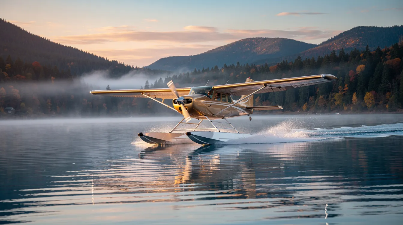 A sleek amphibious light sport seaplane is taking off from a calm blue lake at sunrise, with forested mountains rising majestically in the background. This light sport aircraft showcases its retractable landing gear as it ascends into the morning sky, embodying the spirit of adventure in aviation.