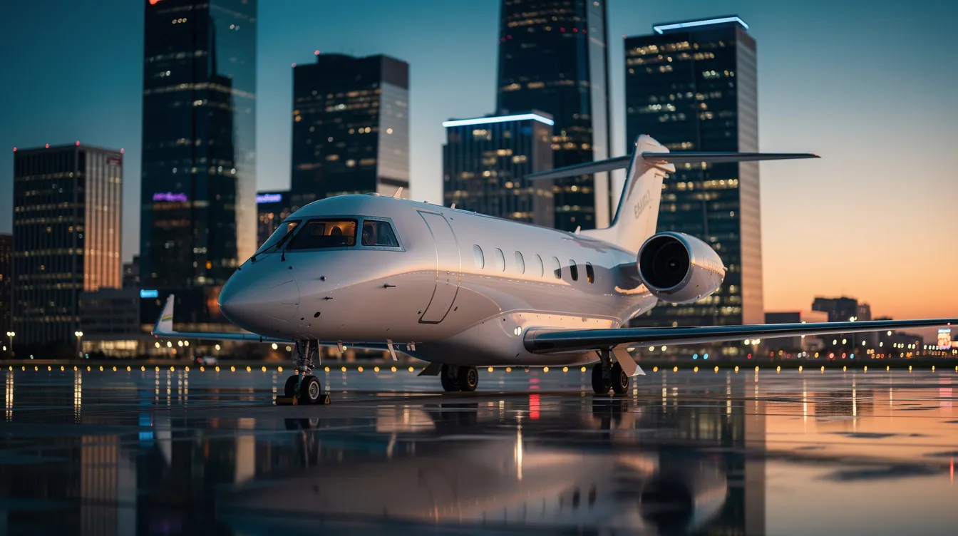 A sleek white private jet is parked on a tarmac at dusk, with a modern city skyline glowing in the background. The aircraft, designed for performance and comfort, showcases features typical of light sport aircraft, including fixed landing gear and a spacious cabin for two occupants.