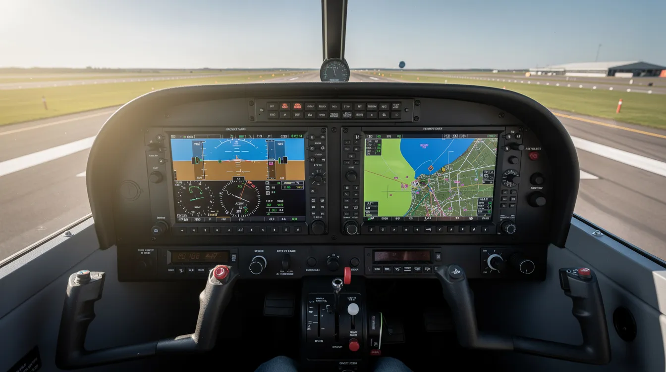 The image depicts a modern glass cockpit instrument panel inside a light sport aircraft, showcasing sleek digital flight displays. Through the windshield, a runway is visible, emphasizing the aircraft's readiness for takeoff.