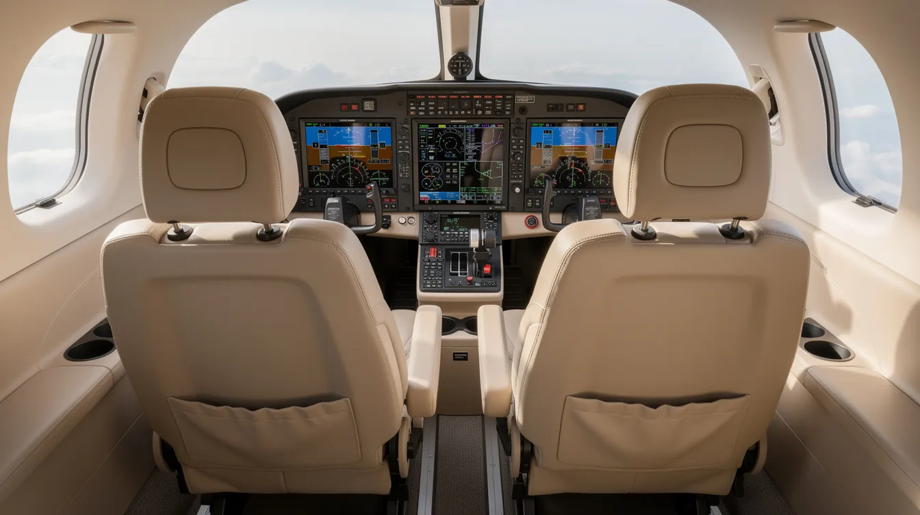 The image depicts a modern glass cockpit inside a very light jet, featuring advanced digital flight displays and fully reclining leather seats, emphasizing the luxurious and efficient design typical of light jets. This cockpit showcases innovative technology that enhances the flying experience for personal use or business aviation.