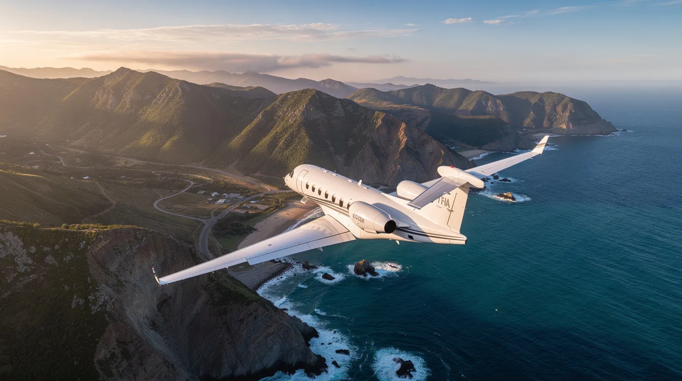 An aerial view captures a small private jet soaring over a stunning mountainous coastline, showcasing the beauty of business aviation. This scene emphasizes the capabilities of very light jets, which can access smaller airports and offer lower operating costs for personal use.